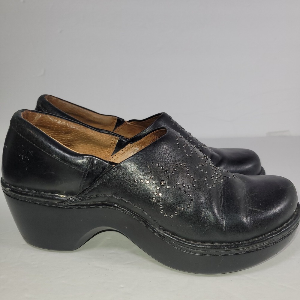 ARIAT Western Black Leather Studded Clog Women 10B Black Slip On Shoes - Picture 5 of 11